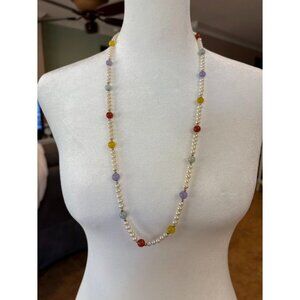 Vintage Freshwater Pearl Multicolored Jade 14kt Gold Bead Necklace 28"
